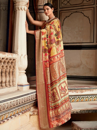 Attractive Yellow Digital Printed Silk Function Wear Saree With Blouse
